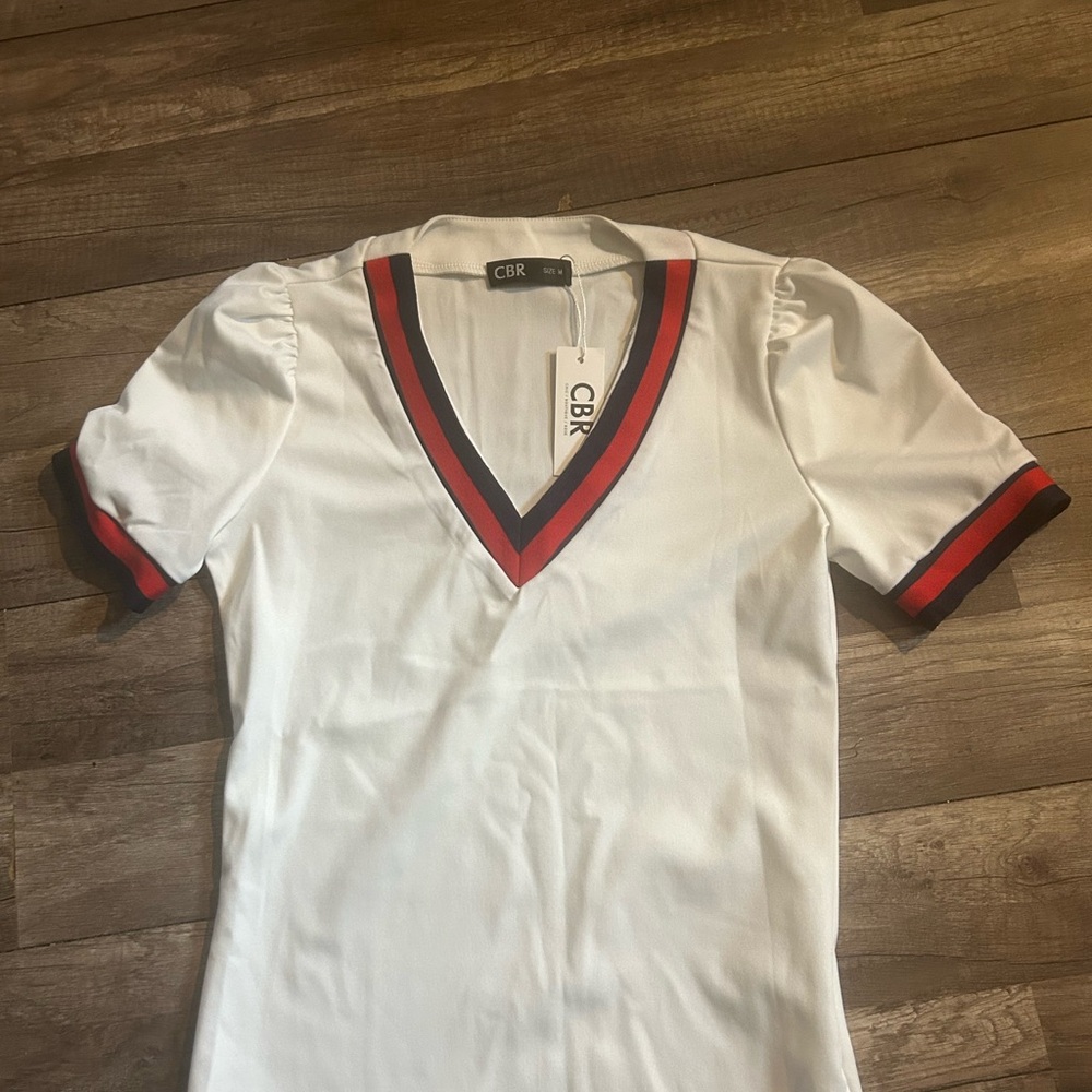 CBR White V-Neck Top with Red and Black Accents